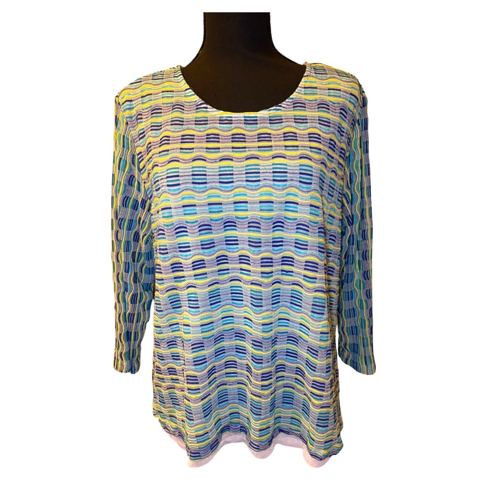 Alfred Dunner Size L Blue Green Textured Knit Top 3/4 Sleeve Size Large